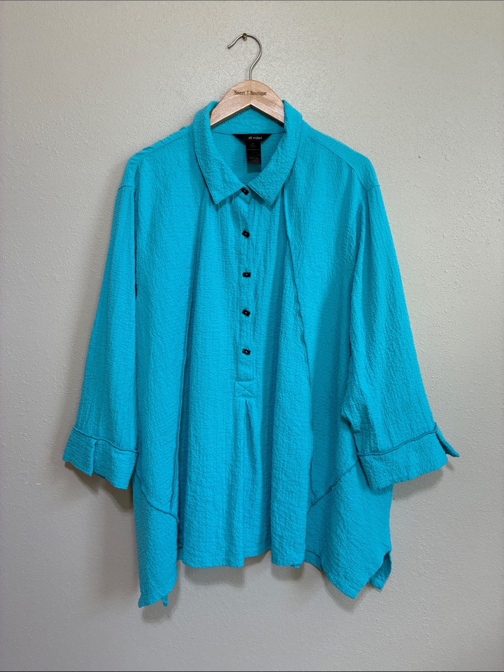 Ali Miles 3X Turquoise 3/4 Popover Tunic Top Artsy Lagenlook 3/4 Sleeves